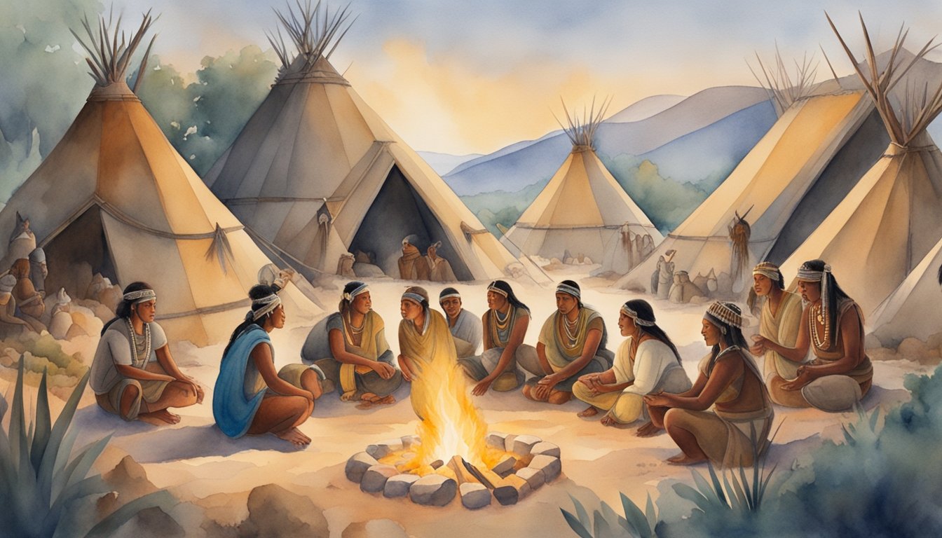 Ancient Indigenous cultures and tribes gather around a communal fire, surrounded by traditional dwellings and natural landscapes