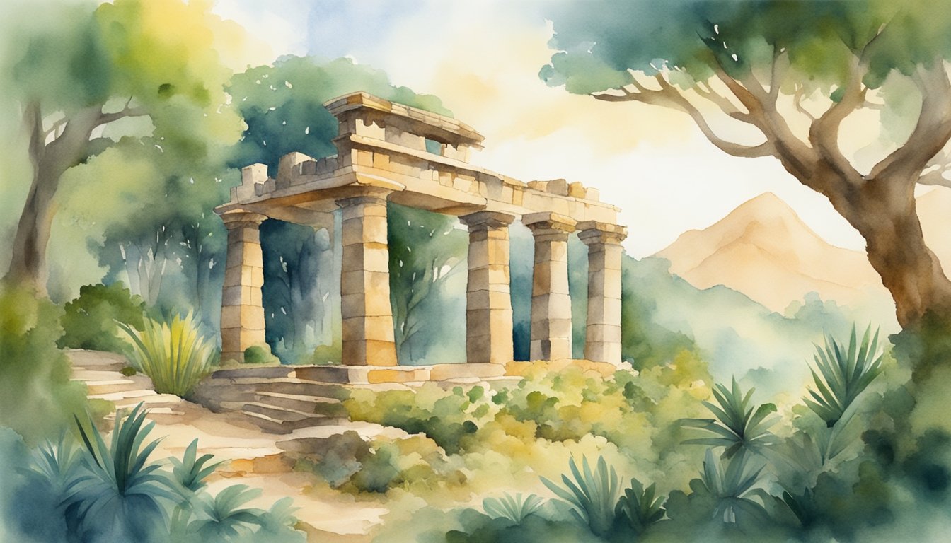 A serene landscape with ancient ruins, lush vegetation, and wildlife, representing the emergence of Indigenous cultures in ancient America and pre-historic Africa