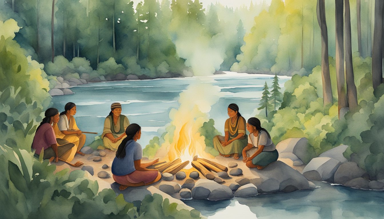 A group of Indigenous people gather around a fire, surrounded by lush forests and flowing rivers, as they engage in traditional practices of resource use and sustainability