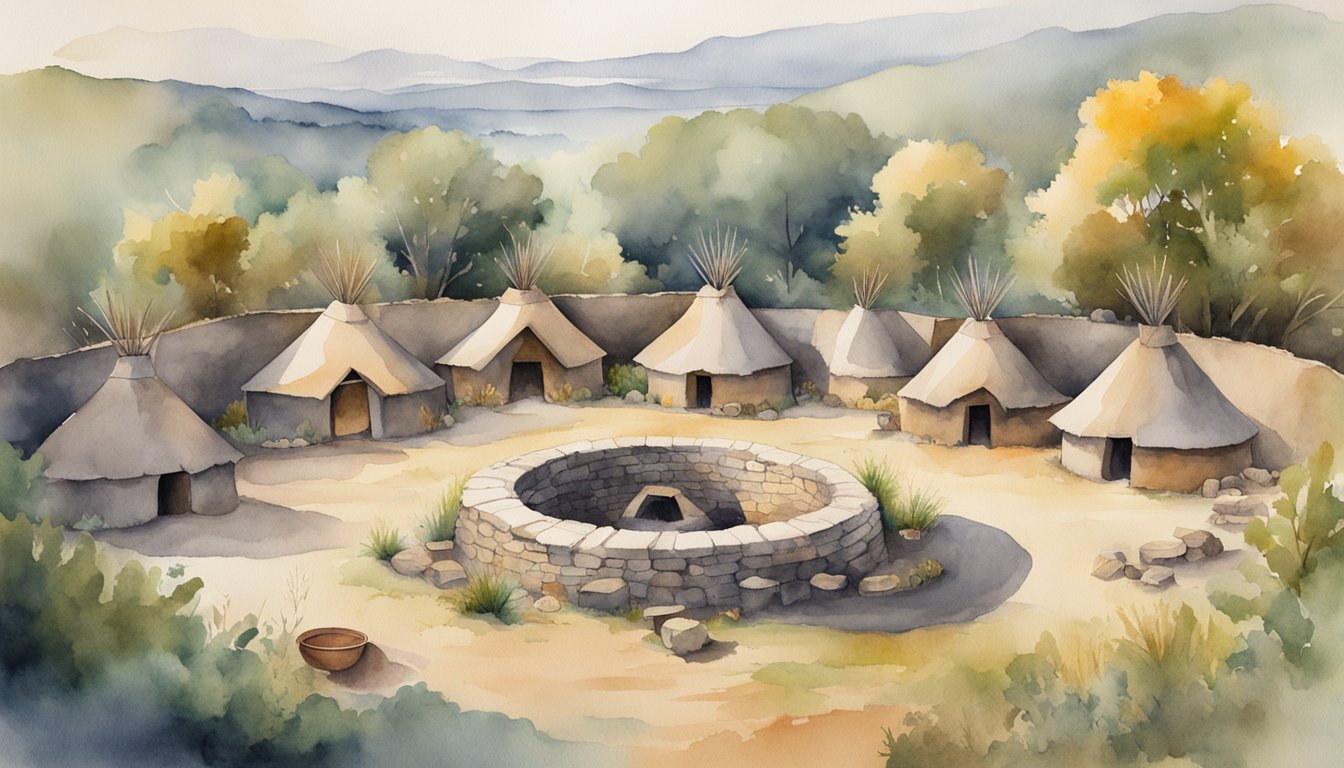 A circle of ancient indigenous dwellings surrounded by nature, with a central fire pit and ceremonial objects