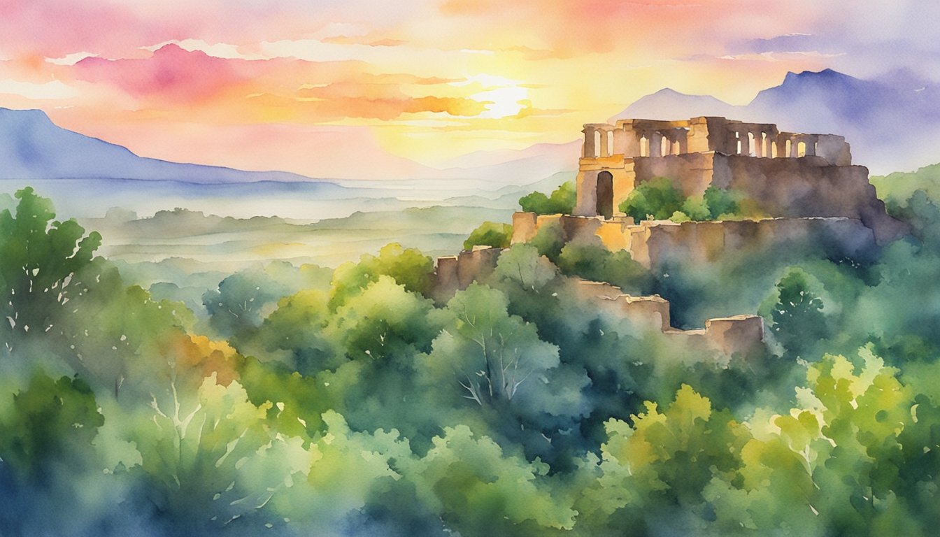 A serene landscape with ancient ruins nestled among lush greenery, under a vibrant sunset sky