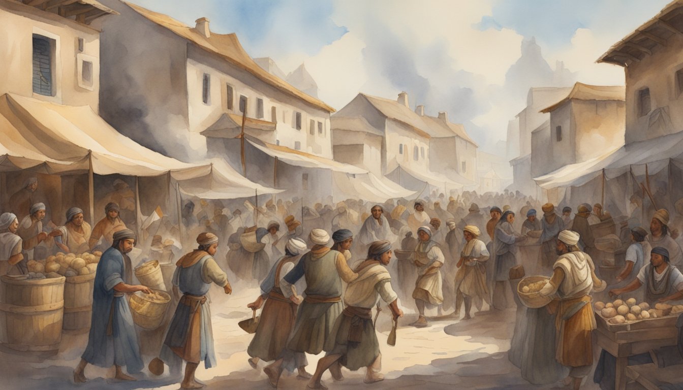 Ancient Indigenous people trading and clashing with European explorers in a bustling marketplace