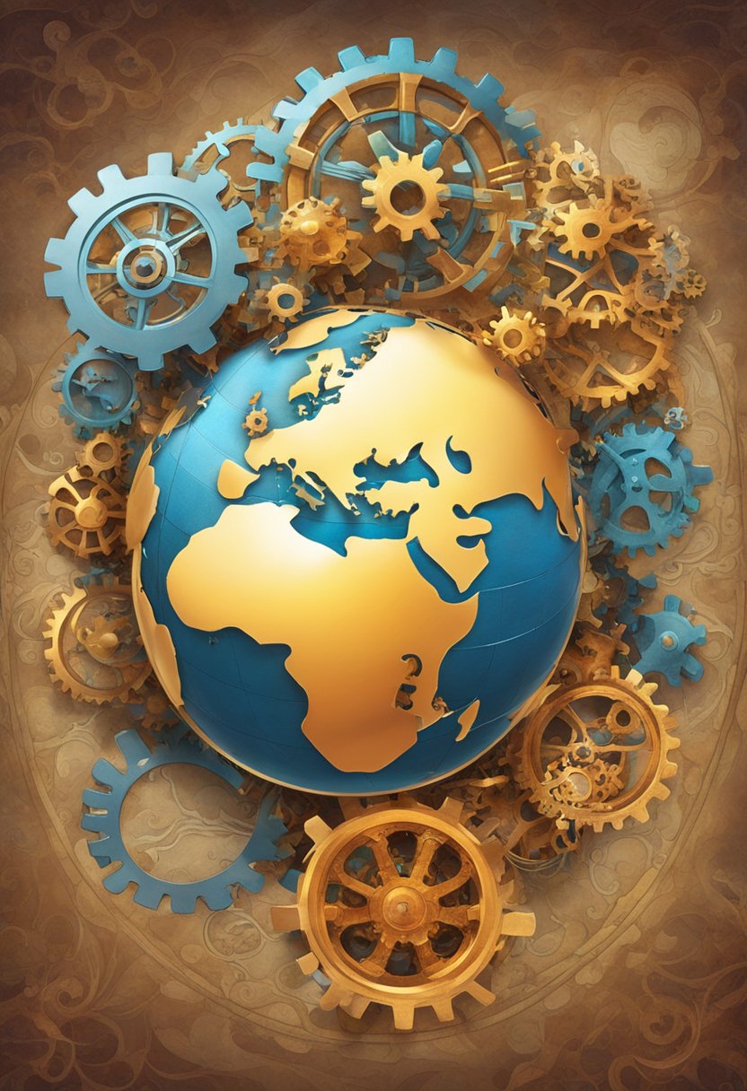 A globe surrounded by interconnected gears and puzzle pieces, representing global partnerships between organizations and micro-small-medium enterprises