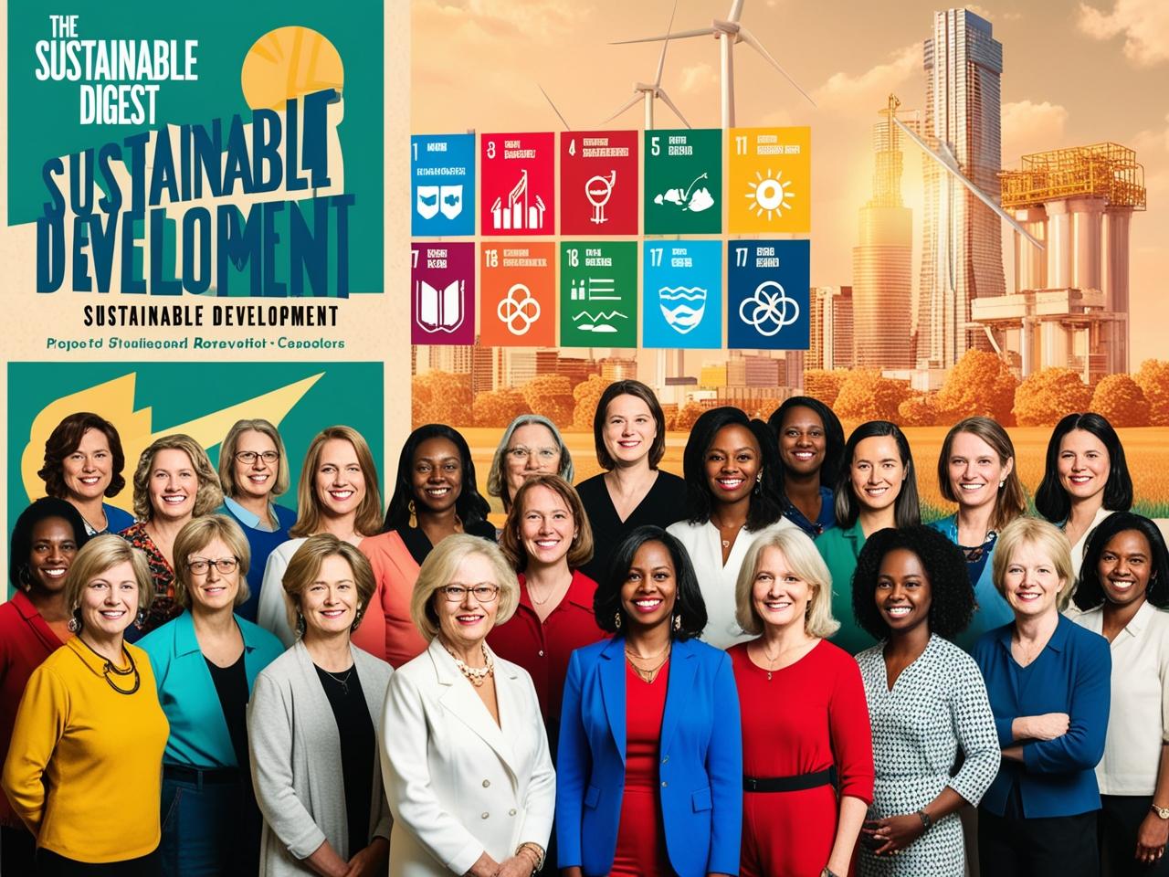 Professional pop art style advertisement poster for "The Sustainable Digest" showcasing "Sustainable Development". A diverse group of Caucasian women of different ages and backgrounds stand in the foreground, embodying inclusivity. The middle ground displays a collage of iconic images representing the 17 Sustainable Development Goals (clean energy, quality education, zero hunger, etc.). The background features a 3D-rendered cityscape with skyscrapers and renewable energy infrastructure, bathed in warm, expressive lighting. Bold colors, high contrast, retro aesthetic, harmonious and inspirational atmosphere.