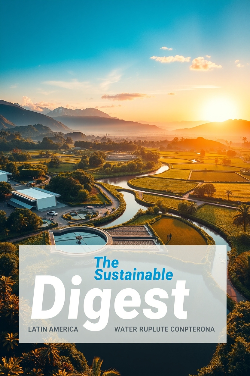 A panoramic view of a lush, verdant landscape in Latin America, showcasing diverse water management initiatives. In the foreground, a modern water treatment facility with sleek, minimalist architecture sits nestled among native flora. Midground features an intricate network of canals and irrigation systems, with local farmers tending to their crops. In the background, rolling hills and towering mountains provide a stunning natural backdrop, illuminated by warm, golden sunlight. The scene embodies a harmonious balance between technology and traditional practices, as depicted in an infographic style graphic labeled "The Sustainable Digest".