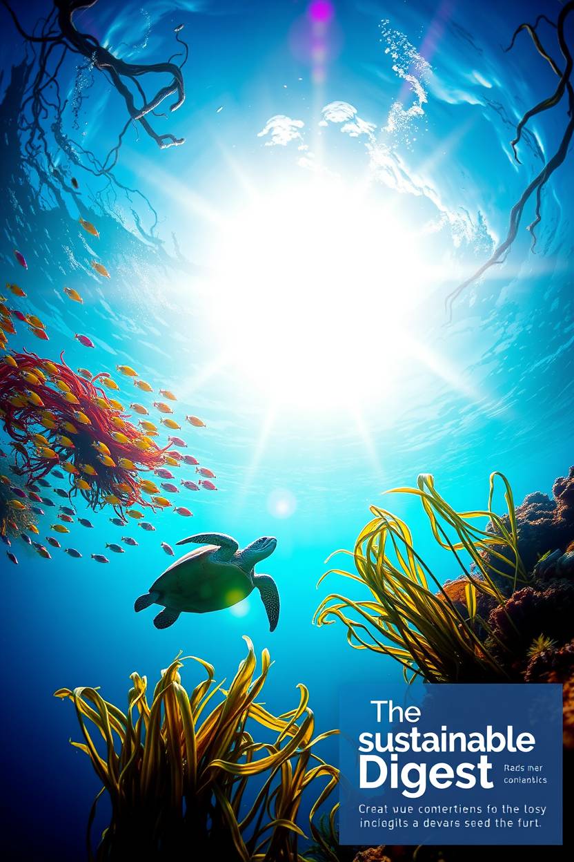 High-resolution photo: Glowing, epic underwater seascape. Vibrant colors, natural light effects. Colorful fish school, sea turtle, swaying seaweed. Sunlit blue expanse. Lower right corner: The Sustainable Digest infographic. Blues, greens, purples. Commercial quality.