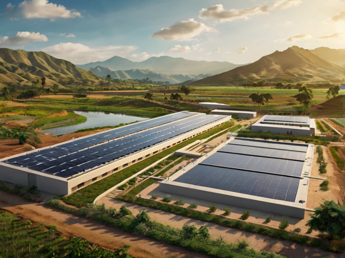 A panoramic view of a lush, verdant landscape in Latin America, showcasing diverse water management initiatives. In the foreground, a modern water treatment facility with sleek, minimalist architecture sits nestled among native flora. Midground features an intricate network of canals and irrigation systems, with local farmers tending to their crops. In the background, rolling hills and towering mountains provide a stunning natural backdrop, illuminated by warm, golden sunlight. The scene embodies a harmonious balance between technology and traditional practices, as depicted in an infographic style graphic labeled "The Sustainable Digest".