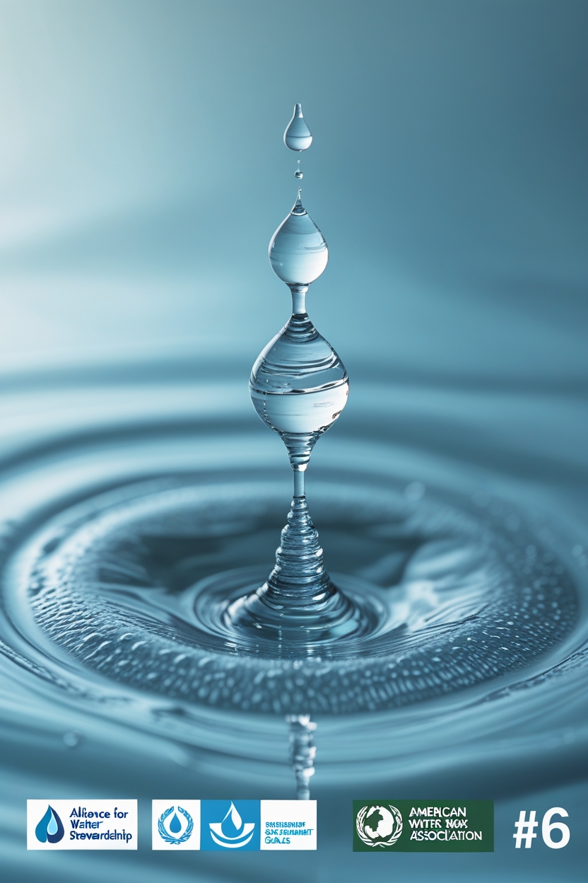 A highly detailed, extreme close-up macro photograph showcasing a droplet of water with a subtle ripple effect, symbolizing the fragile nature of the global water crisis, set against a soft, gradient blue background that evokes a sense of serenity and calmness. In the foreground, a delicate, curved water wave pattern subtly incorporates the logos of the Alliance for Water Stewardship, Water Quality Association, and American Water Works Association, while the United Nations Sustainable Development Goals' #6 logo is discreetly embedded within the droplet's reflection. The image is filled with intricate textures, showcasing the water's surface with an almost three-dimensional quality, highlighting the importance of responsible water management. The color palette is a harmonious blend of calming blues and whites, with subtle hints of green, conveying a sense of hope and urgency for sustainable solutions.