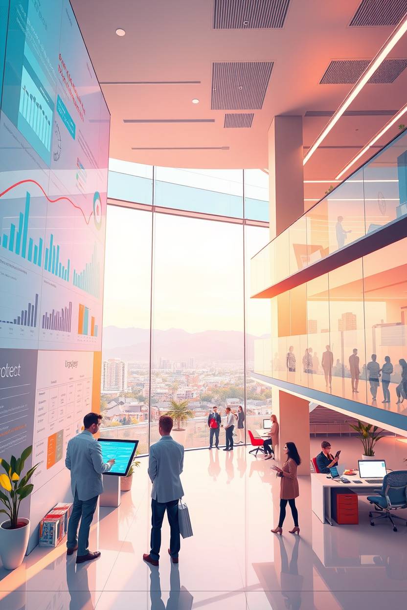 Multi-level work space featuring economic, environmental, and social metrics displayed across large screens in an airy space.