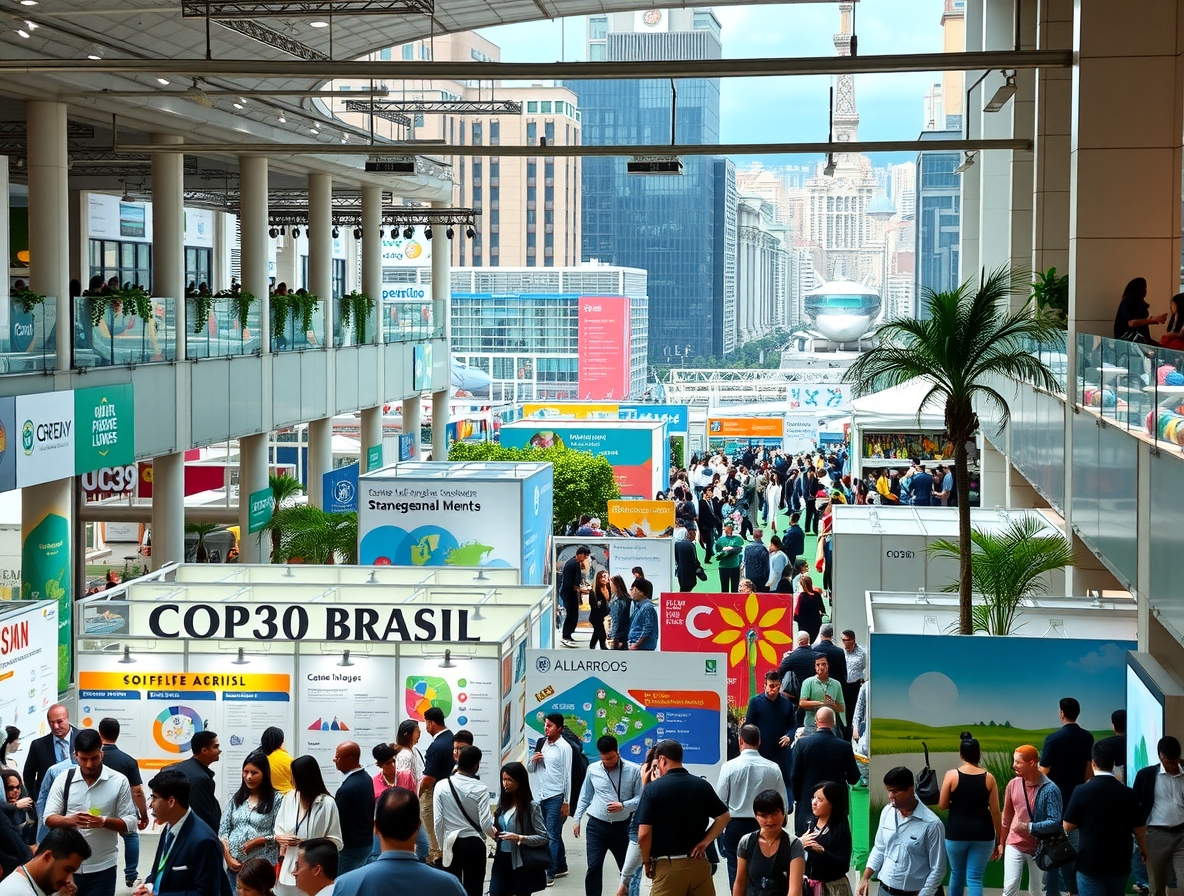 The COP30 Brasil Expo draw in large crowds from across the global. Kiosks and pavilions from around the global displays metrics, ads, and capabilities