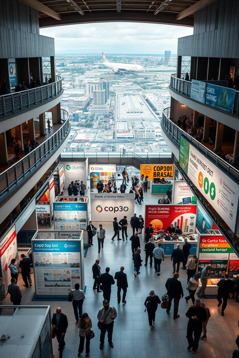 The multi-level open space of the large business incubator hosts various of small companies and institution promoting services and products on the behalf of COP30 Brazil. The background display a bustling airport with intimate proximity to the surrounding urban environment.  
