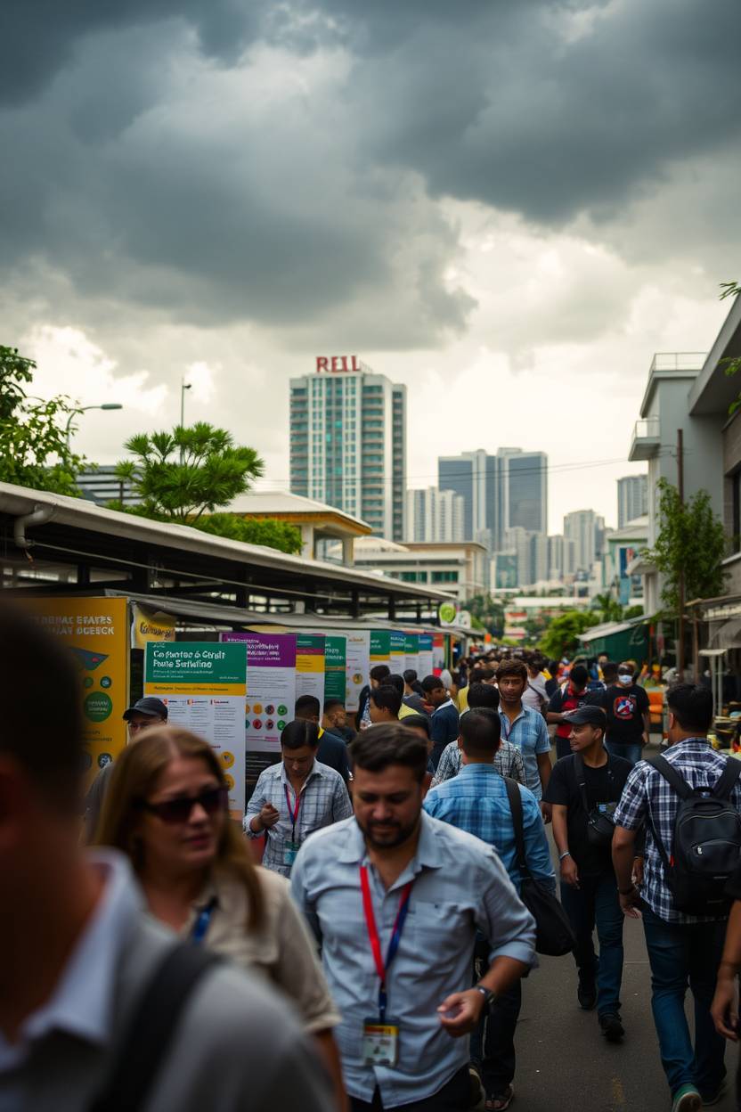 The rush of the public and attendee of COP30 arrives amidst the cloudy skies amongst the urban backdrop.