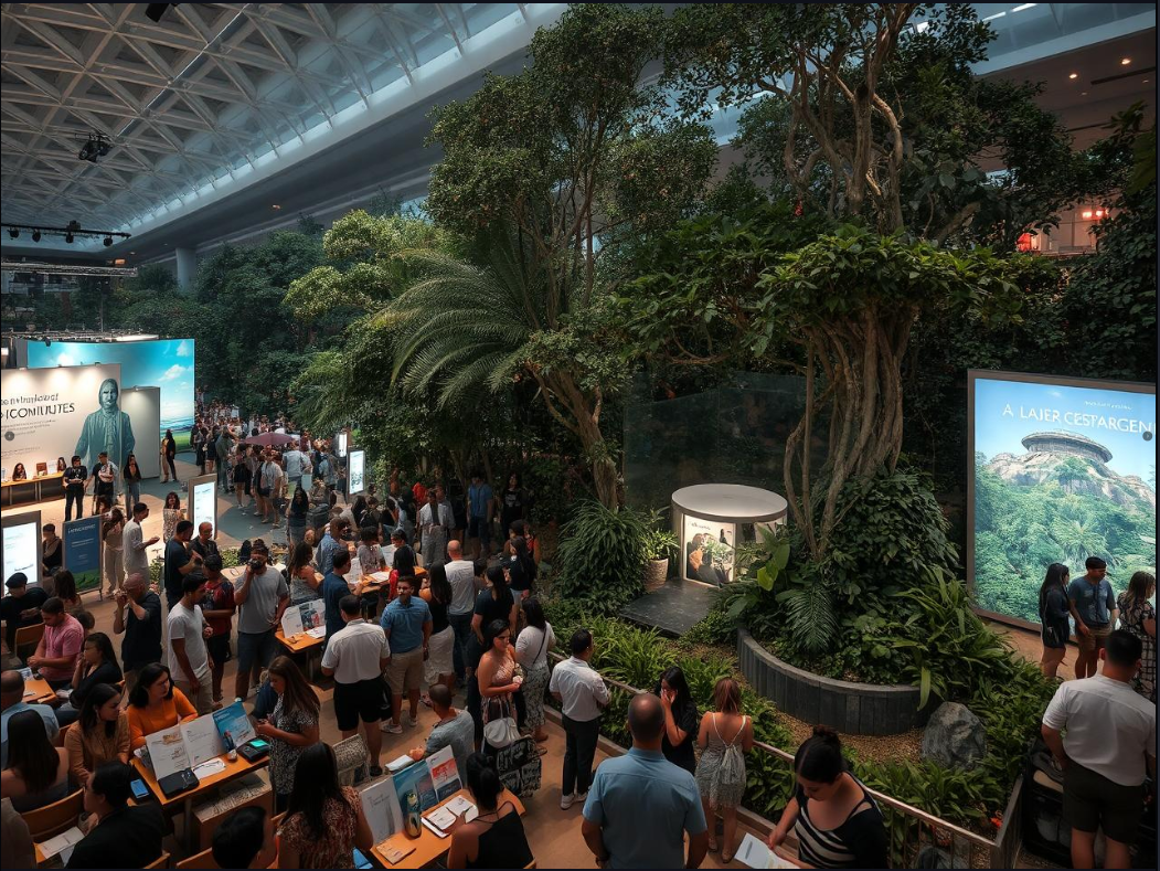 an semi-outdoor multi-level expo environment of institutions, regional municipals, global bureaucracies. In the foreground displays crowds of ethnically diverse travelers in various of pairs & groups both sitting in meeting reviewing infographics based brochures & walking to & from corporate pavilions, cafes, bodegas, & incubator cyber labs. The expo has representation from the multiple nations, NGOs, via the "COP30 Brasil", "Rainforest Alliance", "The Nature Conservancy", "COP30 Brazil 2025" 