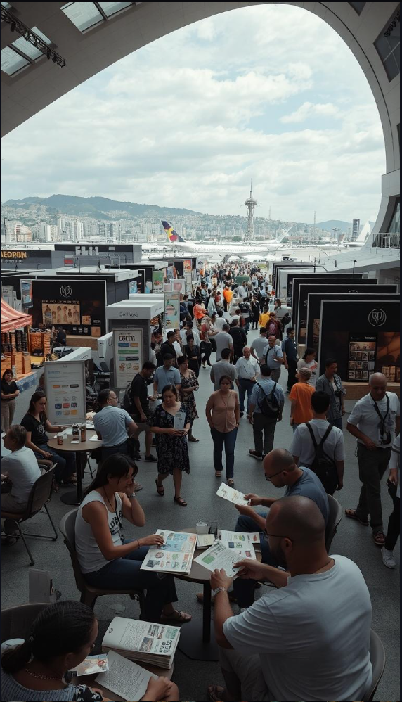 Patrons, attendee, and spectators attend the outdoor airport-based conference inspired by the COP30 Brasil and international sustainable business development.
