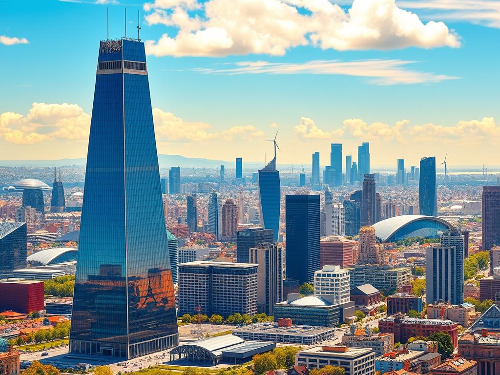 A grand architectural landscape depicting the evolution of the Paris Agreement, set against the backdrop of a vibrant, technologically advanced city. In the foreground, a towering glass-and-steel structure symbolizes the current state of the agreement, with sleek lines and modern design. In the middle ground, a series of smaller, interconnected buildings represents the various international accords and protocols that have shaped the agreement over time. The background features a sprawling metropolis, its skyline dotted with renewable energy sources like solar panels and wind turbines, conveying a vision of a sustainable future. Throughout the scene, a warm, golden light bathes the entire composition, creating a sense of hope and progress. The Sustainable Digest