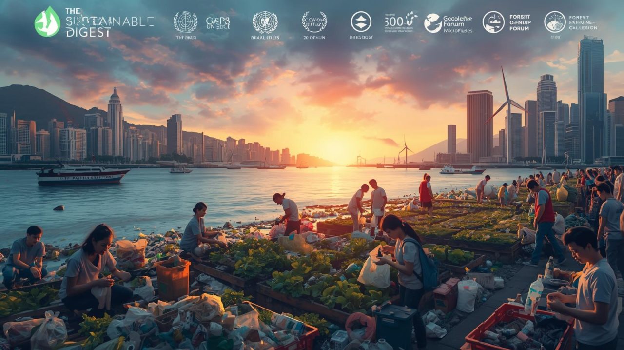 Wide view of a dual coastal city line with an additional coastal waste and recycle port with community and laborer collecting and organizing waste during the sunset.
