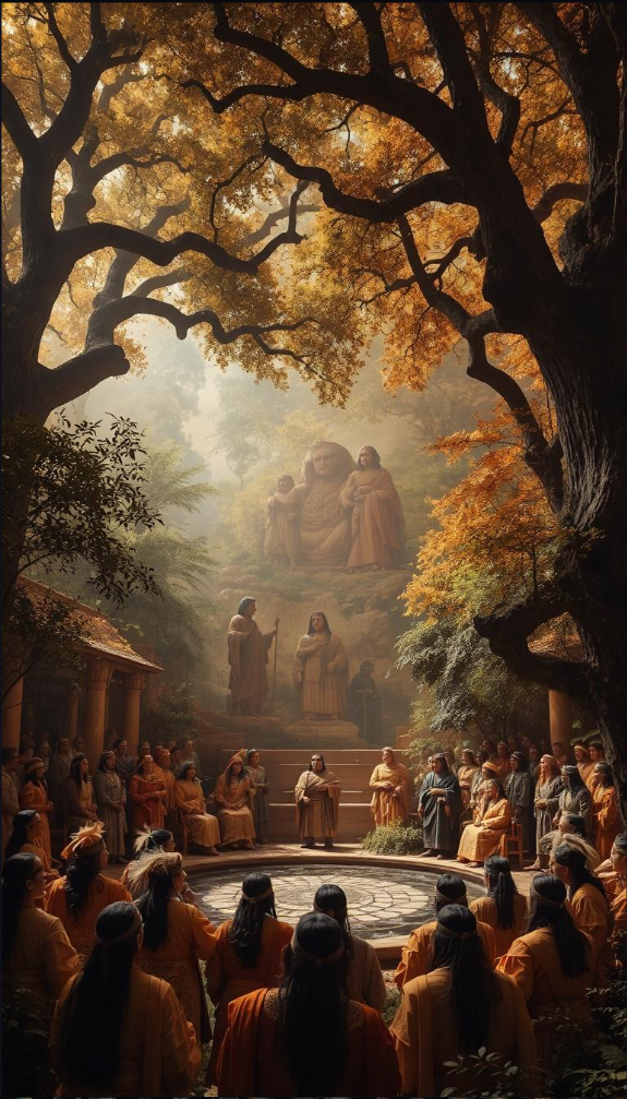 Iroquois Confederacy governance system, depicted in a cinematic, impressionistic style. Majestic oaks and birch trees frame a council of Iroquois leaders, dressed in traditional garments, gathered in a grand hall. Warm, earthy tones suffuse the scene, with soft, expressionistic lighting casting gentle shadows. The leaders engage in animated discourse, their hands gesturing as they deliberate on matters of state. In the background, a mural depicting the Great Peacemaker and Hiawatha, the founders of the Iroquois Confederation. The Sustainable Digest.