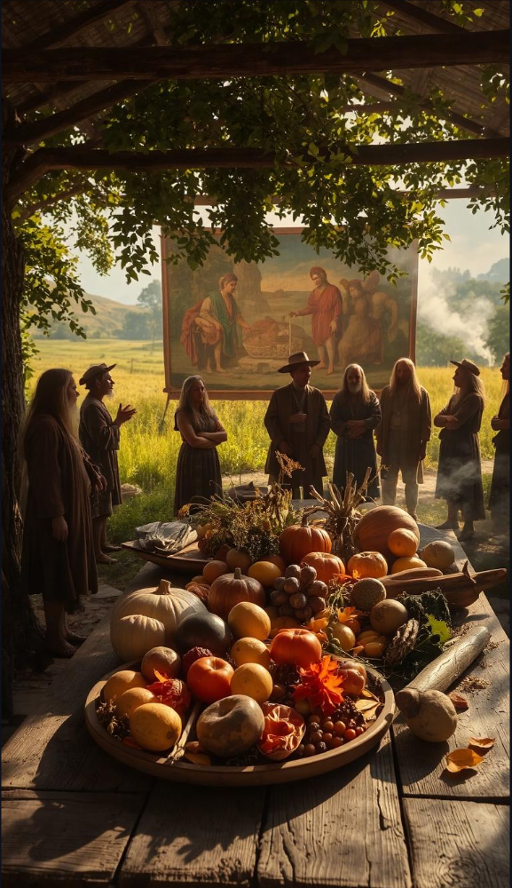 A colonial farmstead nestled amid a lush, verdant landscape, where native food systems once flourished. In the foreground, a weathered wooden table laden with a bountiful harvest of autumnal produce, a testament to the land's fertility. Sunlight filters through the canopy of trees, casting a warm, golden glow over the scene. In the background, the silhouettes of indigenous elders gather, observing the shifting dynamics between their traditional practices and the encroaching colonial influence. The image captures the uneasy coexistence of two worlds, the clash of cultures, and the delicate balance of proto-sustainability practices. Blend of Photo, Cinema, Impressionism, and Expressionism style. "The Sustainable Digest"; expressionistic lighting casting gentle shadows. The leaders engage in animated discourse, their hands gesturing as they deliberate on matters of state. In the background, a mural depicting the Great Peacemaker and Hiawatha, the founders of the Iroquois Confederation.