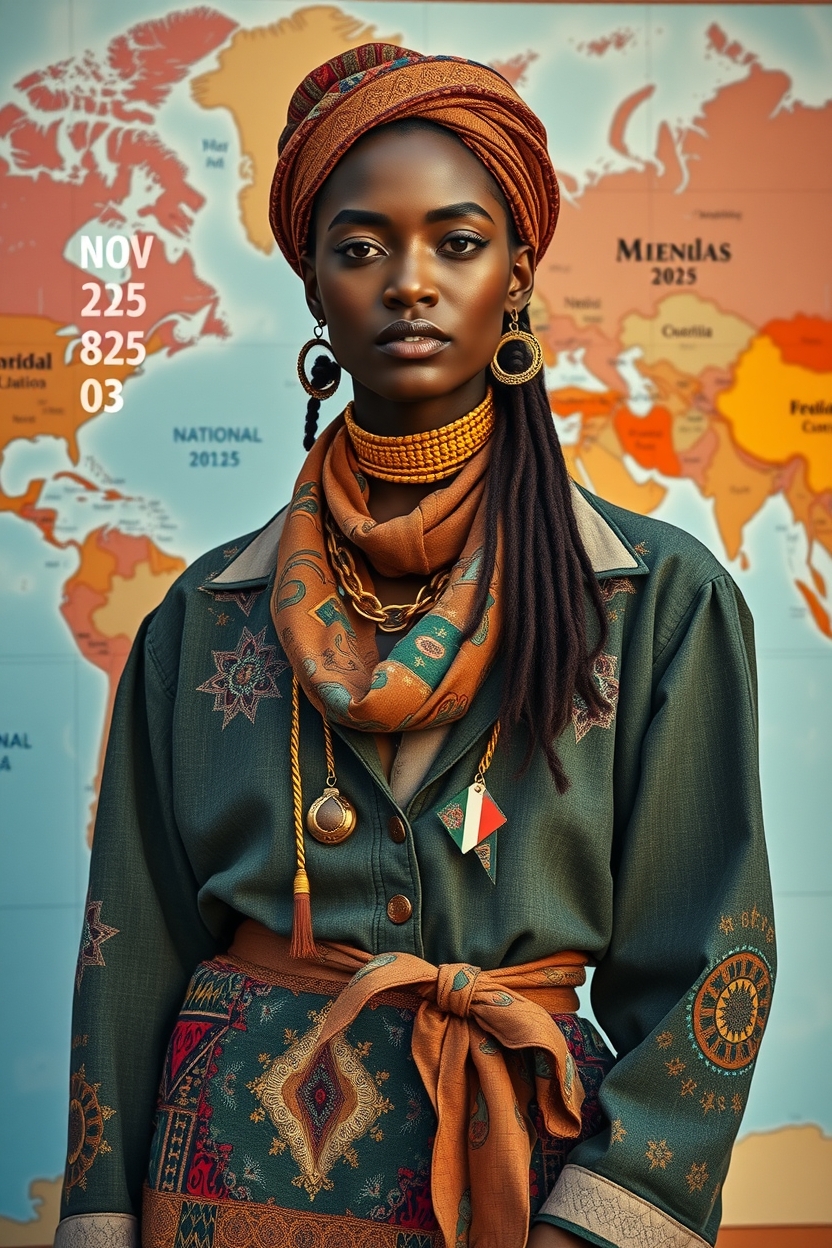 Fashion portrait photography featuring a model wearing eclectic attire made from sustainable materials, set against a backdrop of a world map with notable November 2025 holidays and National observances, incorporating elements of diverse cultural heritage, symbolizing global relations and international affairs, with the model's facial features conveying a sense of nationalism and pride, while the overall aesthetic exudes a sense of unity and environmental awareness, captured in a warm and earthy color palette with a mix of vibrant textures and patterns, highlighting the intersection of fashion, culture, and sustainability.